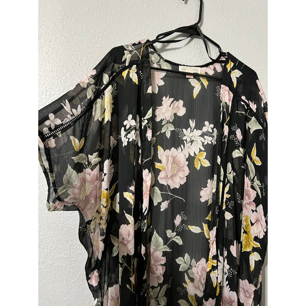 Band of Gypsies Black Floral Open Front Kimono Size Large