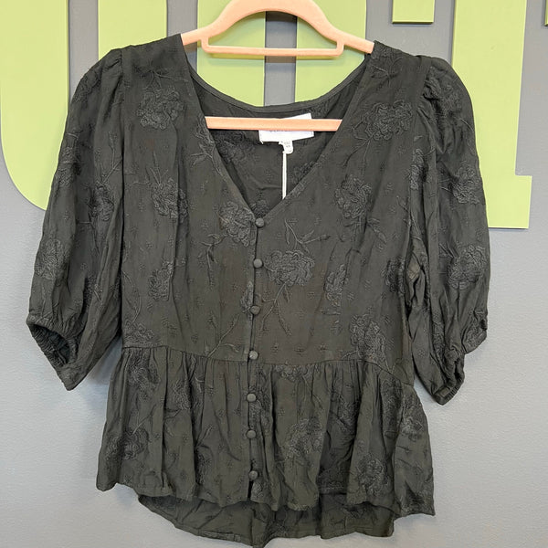 NWT Dear John Black Floral Embroidered Button Front Peplum Top Medium