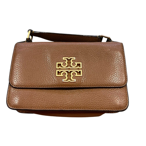 Authentic Tory Burch Britten Mini Top Handle Bag Camel Brown Pebbled Leather