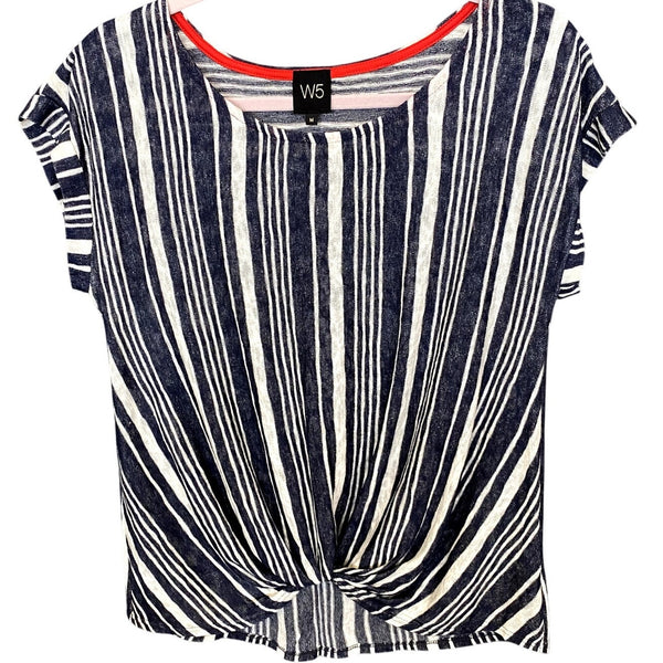 W5 Navy Blue + White Striped Twist Front Blouse Medium
