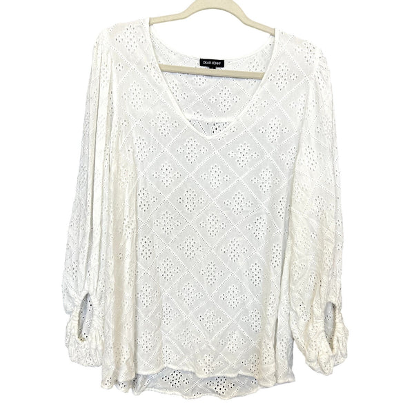 Dear John Women's White Embroidered Bubble Sleeve V-Neck Blouse Large