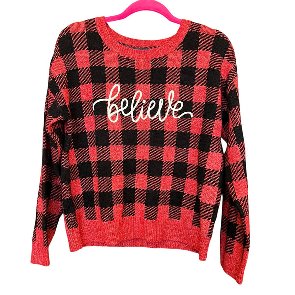 Adrienne Vittadini Red + Black Checkered Believe Christmas Sweater Medium