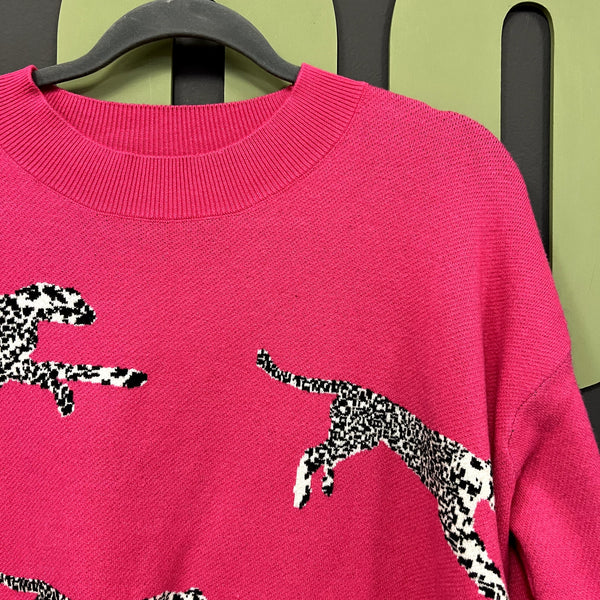 She + Sky Boutique Hot Pink Leopard Oversized Sweater Small