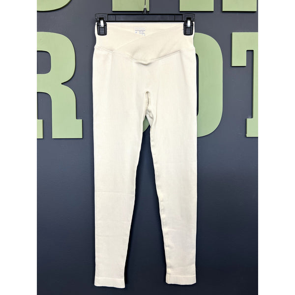 OQQ Cream Ribbed Crossover Full Length Leggings Size Small
