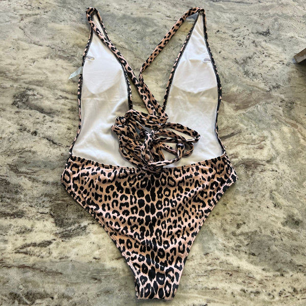 Women's Leopard Deep Plunge Neck Open Back Strappy One Piece Swimsuit Medium