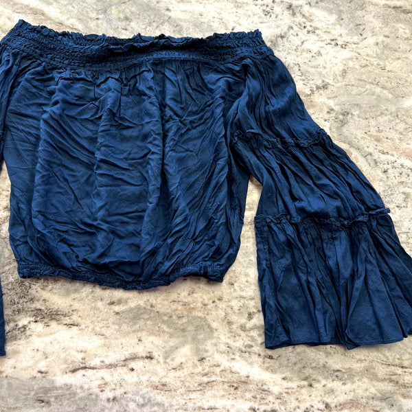 Free People Navy Off Shoulder Flare Sleeve Blouse Small