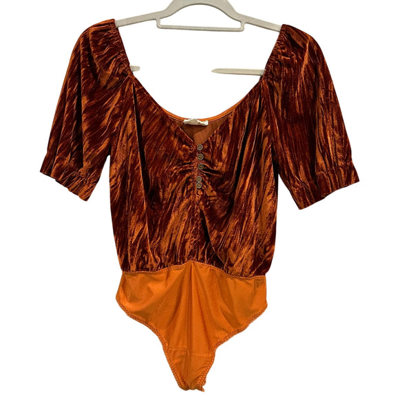 Mia Joy Dark Orange Velvet Scoop Neck Henley Short Sleeve Bodysuit Size Medium