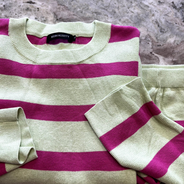 Women's Green + Pink Striped Thick Knit Two Piece Set Size Large