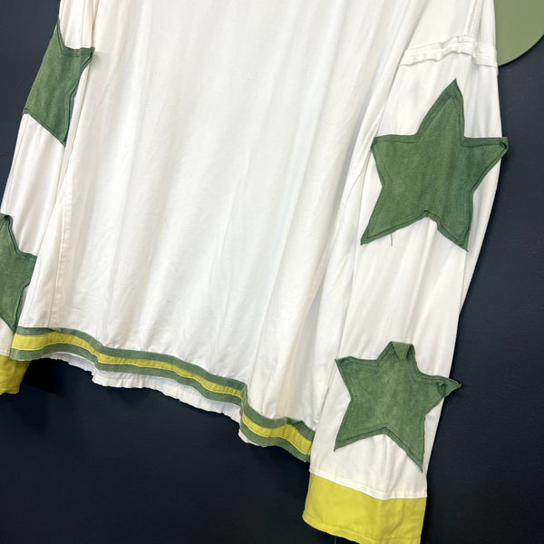 Women's Oversized White + Green Star Print Tee Size Large