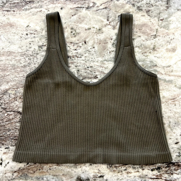 Anemone Olive/Charcoal Ribbed Crop Tank One Size