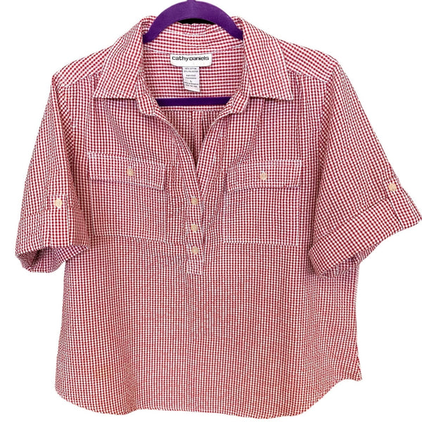 Cathy Daniels Red Gingham Seersucker Half Button Blouse Large