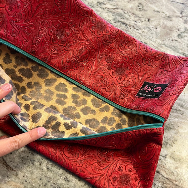 Makeup Junkie Tooled Red Leather Large Makeup Bag