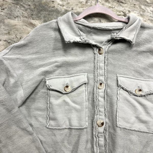 Women's Baby Blue Distressed Button Down Shacket Size Medium