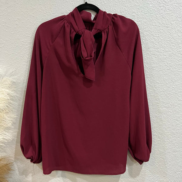 Maroon Chiffon Mock Neck Bubble Sleeve Blouse Medium