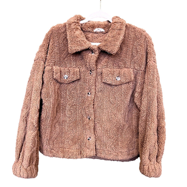 New In Boutique Brown Sherpa Cable Knit Button Coat Small