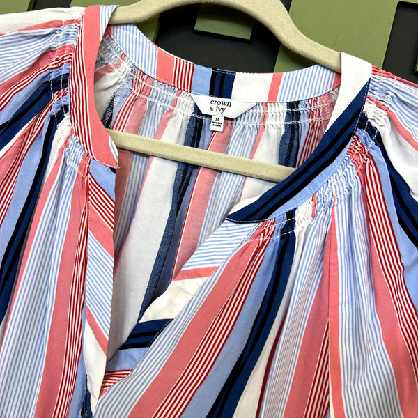 Crown & Ivy Striped V-Neck 3/4 Sleeve Blouse Medium