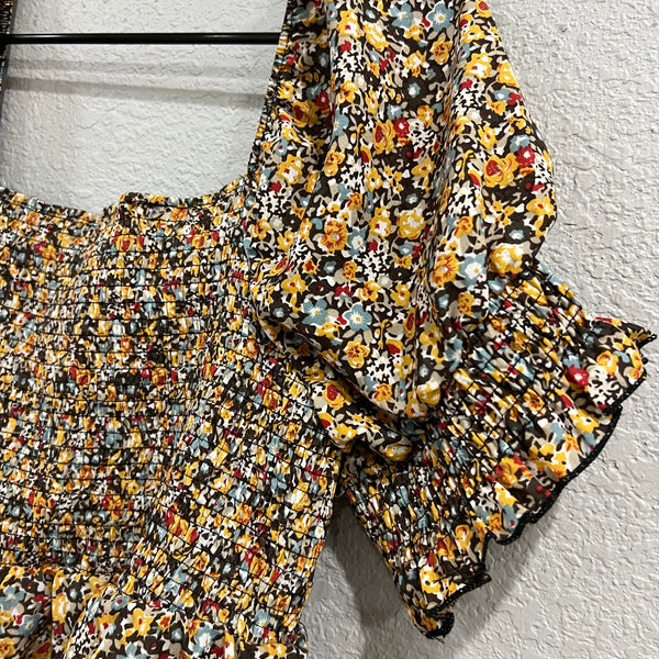 Women's Curvy Fall Floral Smocked Square Neck Peplum Blouse 1XL