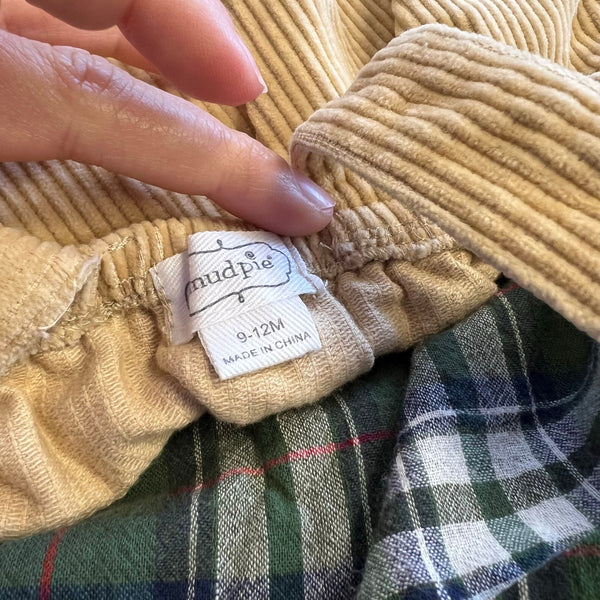 MudPie Corduroy Overalls with Plaid Undershirt Size 9-12 Mo