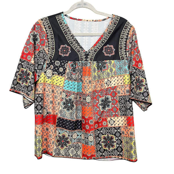 Women's Mixed Print V-Neck Bohemian Blouse Large
