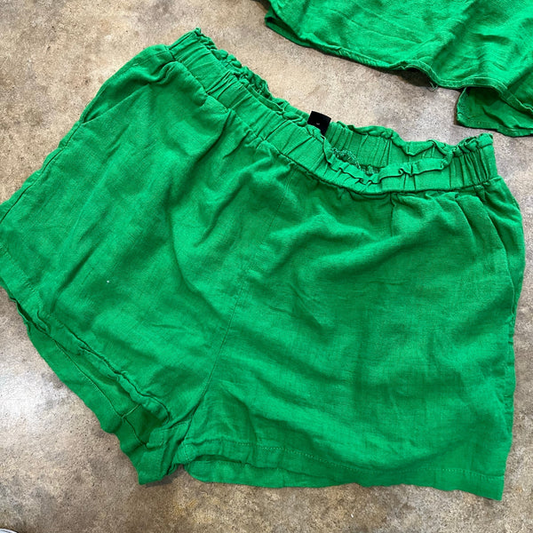 Kelly Green Linen Two Piece Set Shorts + Open Back Tank Top Size XL
