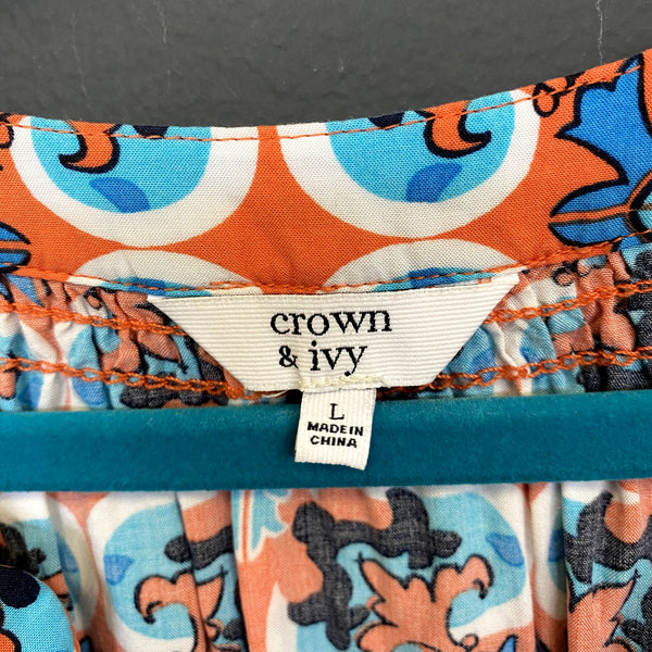 Crown + Ivy Coral & Blue Ikat Print Blouse Size Women's Large