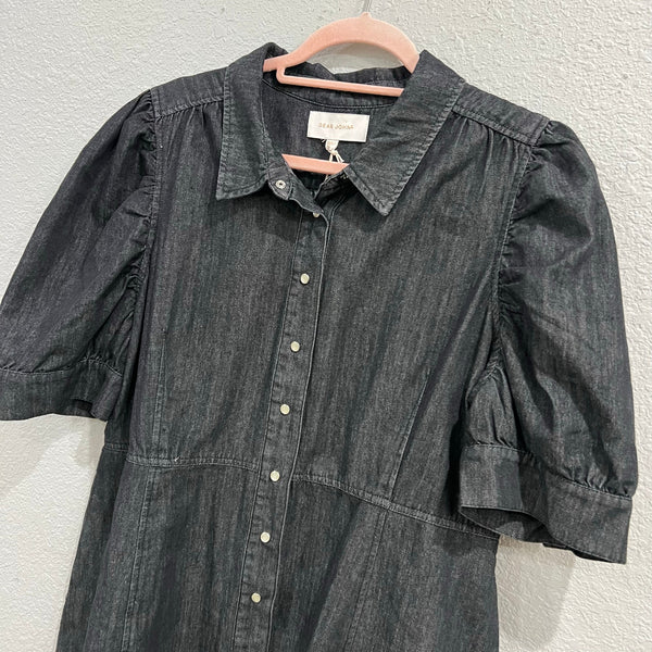 NWT Dear John Adeline Black Washed Pearl Snap Denim Cap Sleeve Dress XL