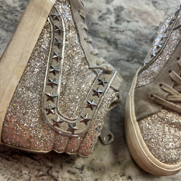 Vintage Havana Hailey Washed Silver Glitter High Rise Sneakers Size 9