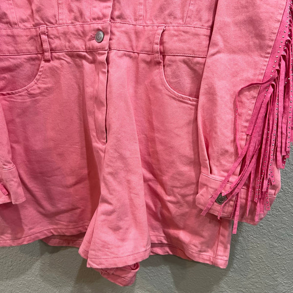 NWT BiBi Boutique Pink Denim Long Sleeve Fringe Romper Large