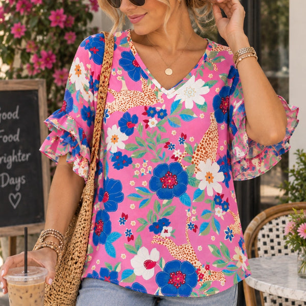 Entro Multicolor Leopard Ruffle Sleeve Blouse Size Large