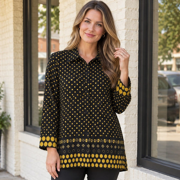 Ali Miles Black + Mustard Mixed Print Button Front Tunic Blouse Large