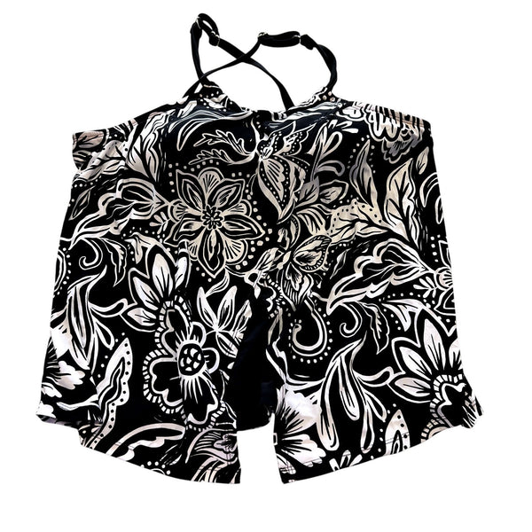 Women's Black + White Floral Tankini Swim Top Large
