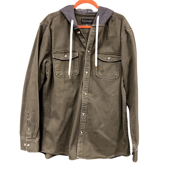 No Boundaries Men's Olive Denim Hooded Button Down Jacket Large
