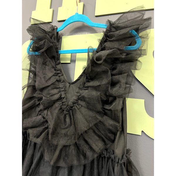 The Zigzag Stripe Black Tulle Tiered Ruffle Dress Medium