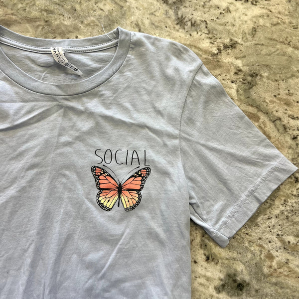 Women's Social Butterfly Light Blue Crop Graphic Top Small
