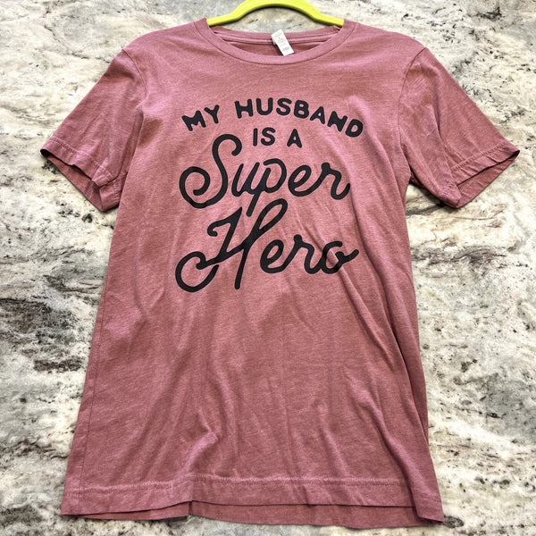 Ruby's Rubbish "My Husband is a Super Hero" Graphic Tee Small
