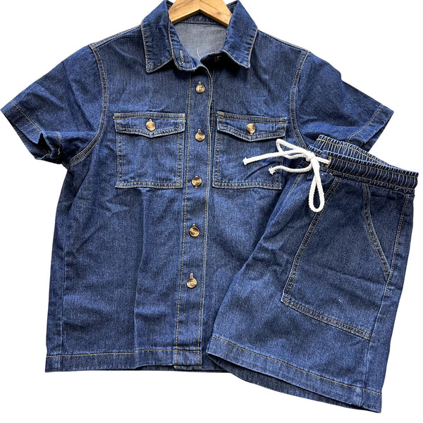 Women's Denim Button Down Top + Shorts Set Size Small