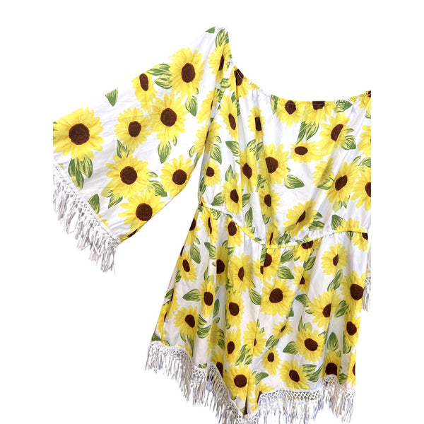 Women's Sunflower Fringe Off Shoulder Romper Size 1XL