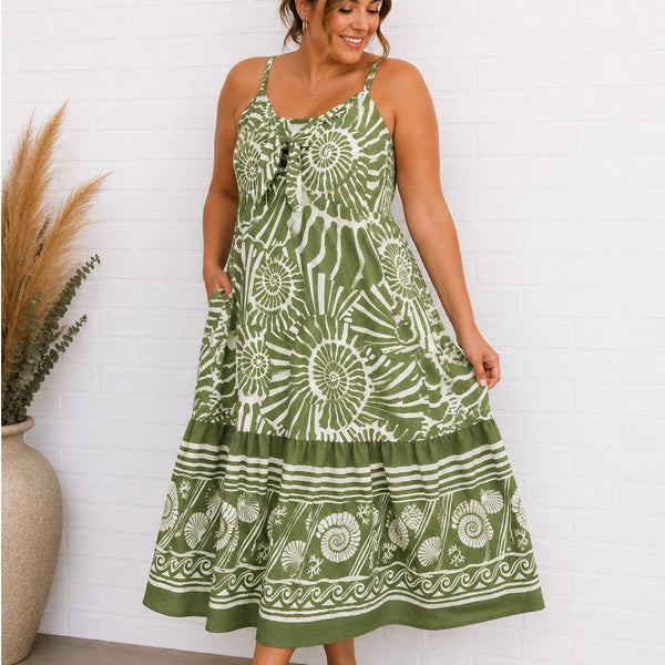 Sofia Jeans Green + White Boho Midi Dress Size XL