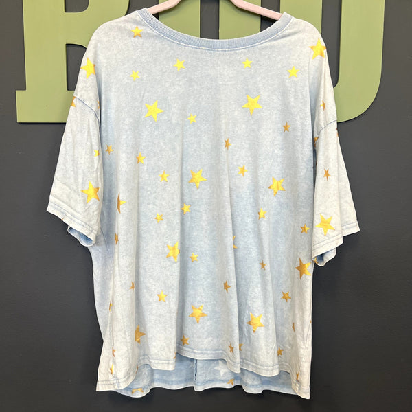 Easel Light Blue Garment Washed Star Print Oversized Tee Size Medium