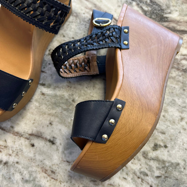 Tommy Hilfiger Black Strappy Wooden Wedge Heels Size 9