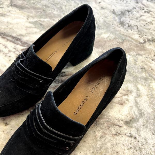 Chinese Laundry Marilyn Black Suede Loafers Block Heel Size 6.5