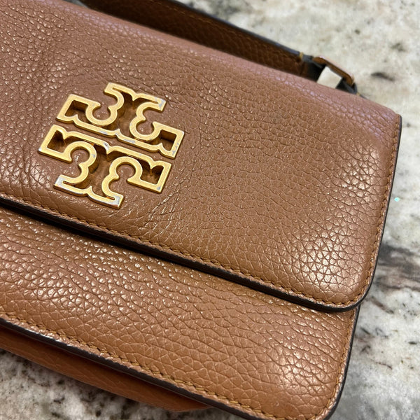 Authentic Tory Burch Britten Mini Top Handle Bag Camel Brown Pebbled Leather