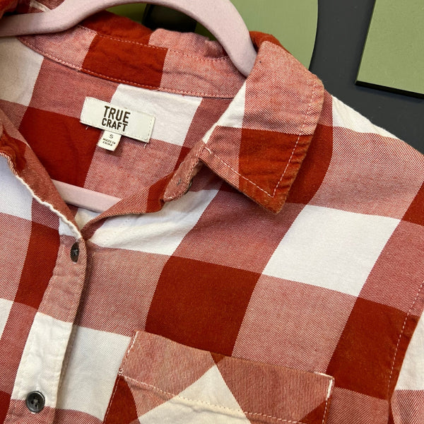 True Craft Orange + Cream Plaid Button Down Flannel Small
