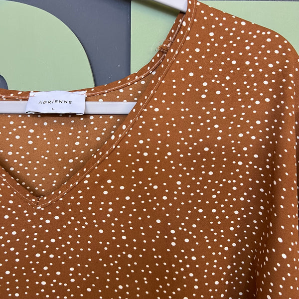 Adrienne Brown + White Polka Dot V-Neck Blouse Large