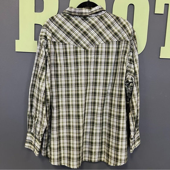 Wrangler Women’s Plaid Pearl Snap Olive Polo Button Down Size 2XL