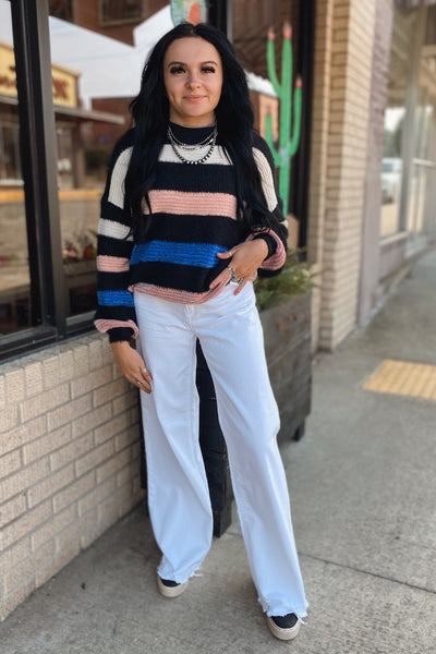 Black Chenille Striped Crew Neck Sweater