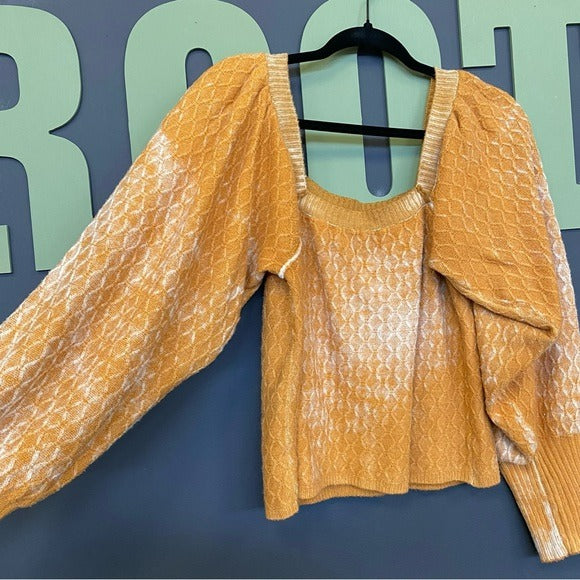 Willow + Root Orange Bubble Sleeve Knit Square Neck Sweater XL
