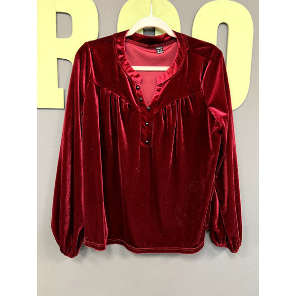Women's Maroon Velvet Half Button Blouse Size Medium