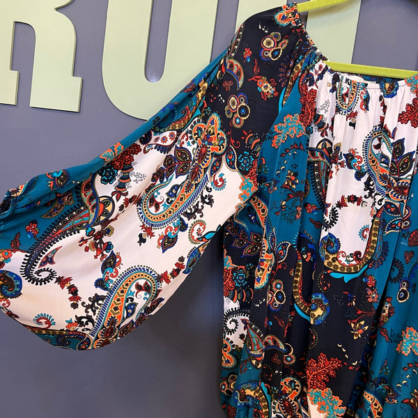R. Rouge Paisley Turquoise + Ivory Off Shoulder Bubble Sleeve Blouse 1XL