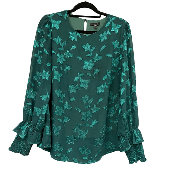 Mittoshop Boutique Emerald Green Floral Embroidered Ruffle Sleeve Blouse Large
